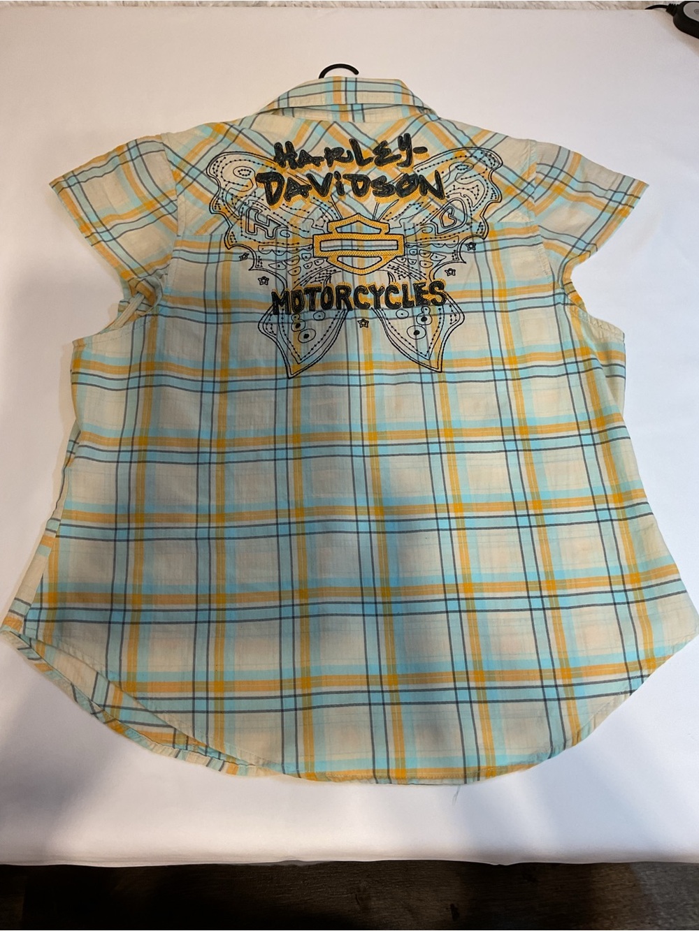 Harley Davidson Plaid Cap Short Sleeve Women Size Large Embroidery Pearl Snap